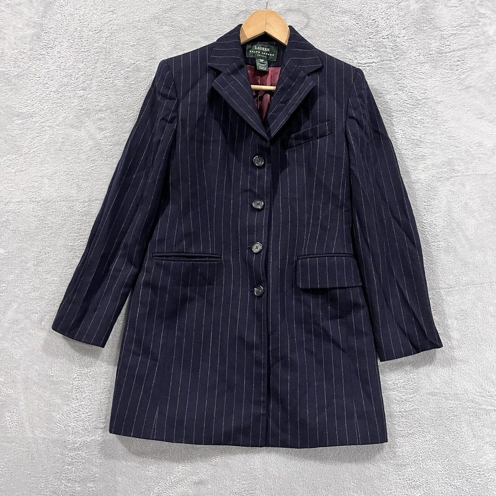 VTG Lauren Ralph Lauren Blazer 4P Worsted Wool USA Pinstripe Navy Blue